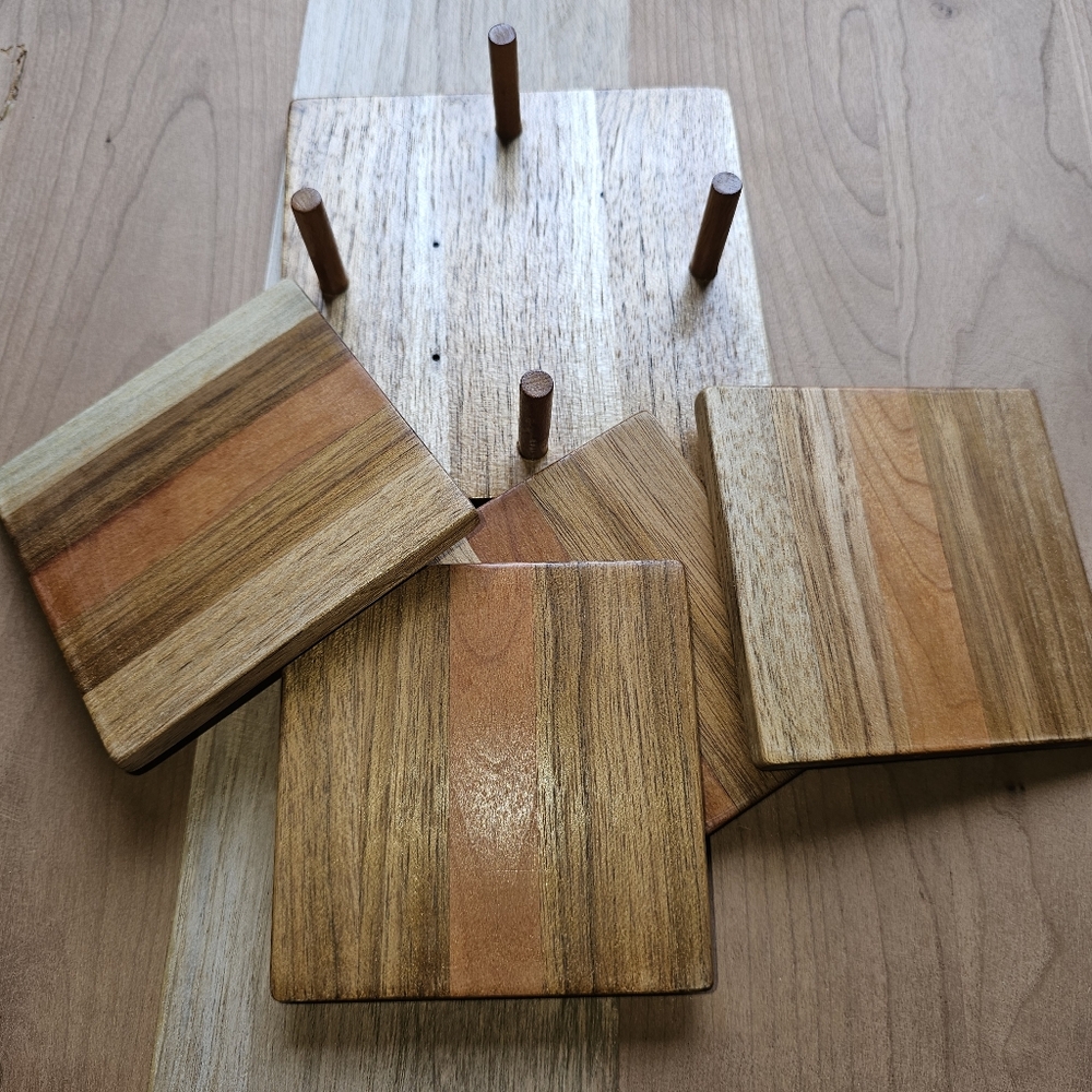 Handcrafted Wood Coasters Set of 4 & Holder Cherry and Walnut
